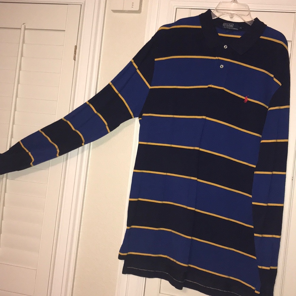 Long sleeve navy/blue/gold striped polo